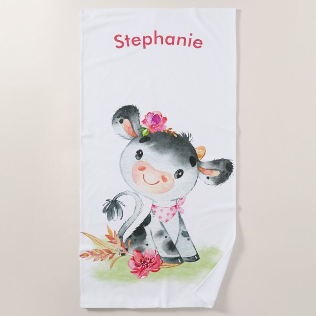 Toalla De Playa Pequeña vaca vaca acuarela rosa (Anverso)