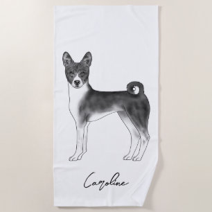 Toalla De Playa Perro Basenji Lindo en Negro y Blanco & Texto Pers