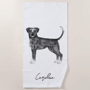 Toalla De Playa Perro Boxer Alemán en negro y blanco y nombre pers