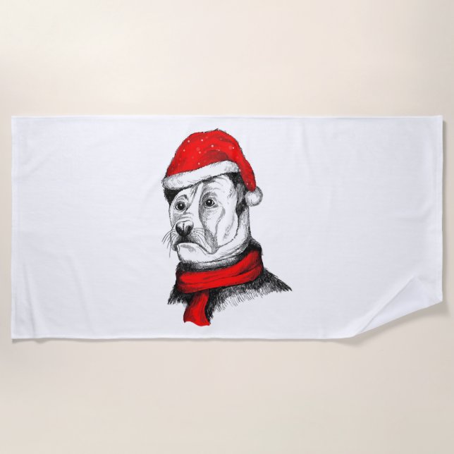 Toalla De Playa Perro con gorro de Navidad (Anverso)