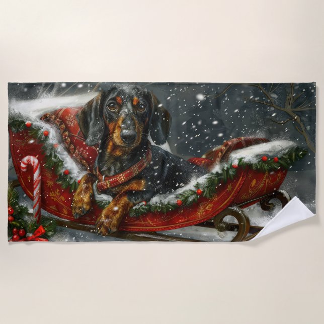 Toalla De Playa Perro Dachshund Navidad Festiva (Anverso)