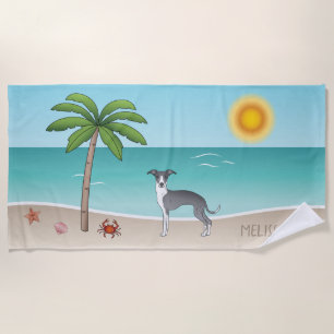 Toalla De Playa Perro Iggy Azul Y Blanco En Un Verano Tropical