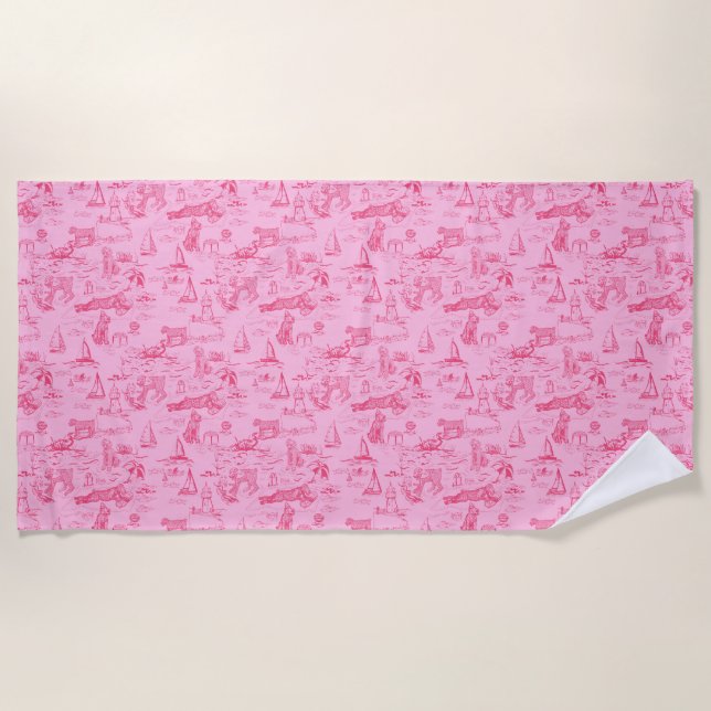 Toalla De Playa Perro Marino Toile Rosa  (Anverso)