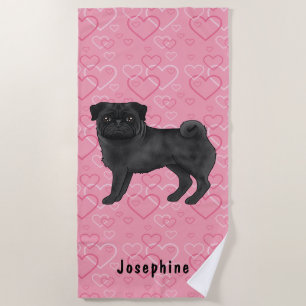 Toalla De Playa Perro Pug Negro Corazones Rosas y Fregonas Con Nom