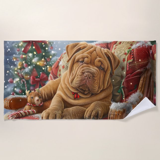 Toalla De Playa Perro Shar Pei Navidad Festiva (Anverso)