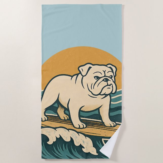 Toalla De Playa Perro Surfista Retro Bulldog Gráfico De Montar La  (Anverso)