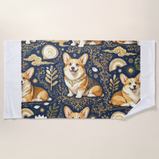 Toalla De Playa Perros Corgi Elegantes Patrón de Damasco Dorado Az