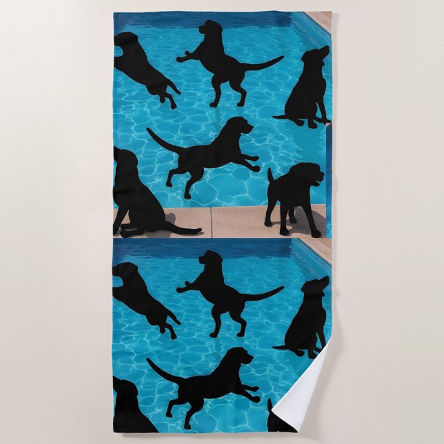 Toalla De Playa Perros nadando  (Silhouetted dogs playfully leaping and splashing in a bright blue swimming pool.)