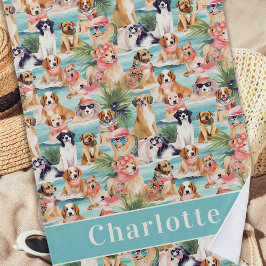Toalla De Playa Perros tropicales coloridos verano personalizado