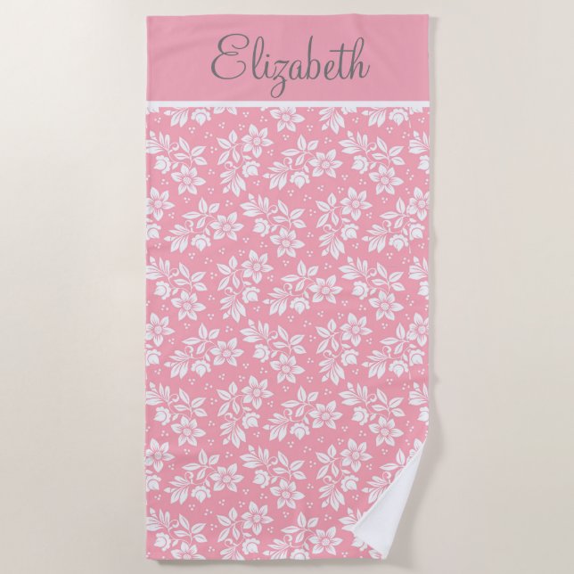 Toalla De Playa Personaliza Pink Blanco Gris Floral (Anverso)