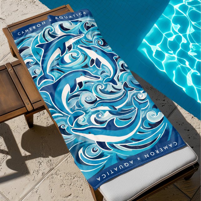 Toalla De Playa Personalizable de delfines y olas azules (dolphin beach towel by the pool)