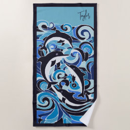 Toalla De Playa Personalizable de delfines y olas azules
