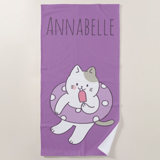 Toalla de playa personalizable Purple Kitty (Anverso)