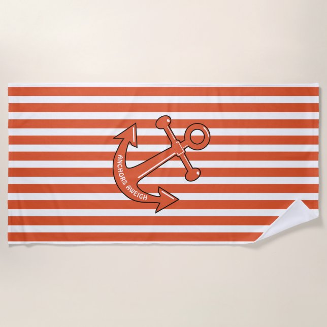 Toalla De Playa Personalización Naranja Cabana Stripes Anchor (Anverso)