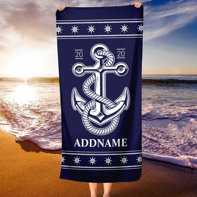 Toalla de playa personalizada azul de la Marina de (Nautical Anchor Navy Blue Personalized Beach Towel)