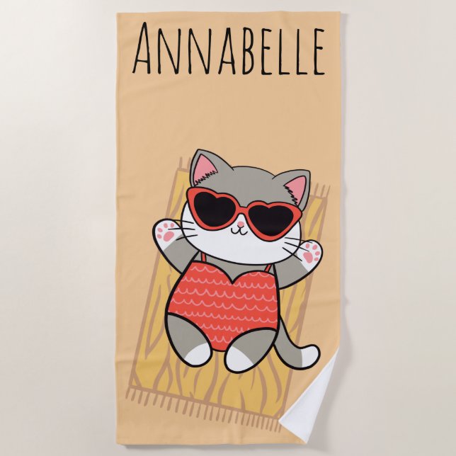 Toalla de playa personalizada Beach Kitty roja (Anverso)