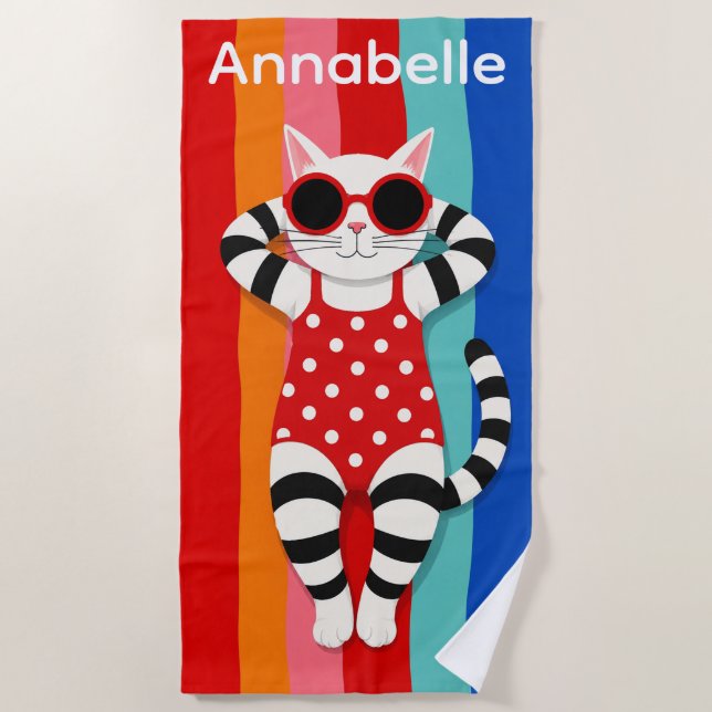 Toalla de playa personalizada Beach Kitty Stripes (Anverso)
