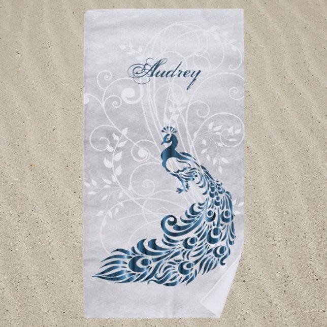 Toalla de playa personalizada Blue Peacock (Blue Peacock Personalized Beach Towel)