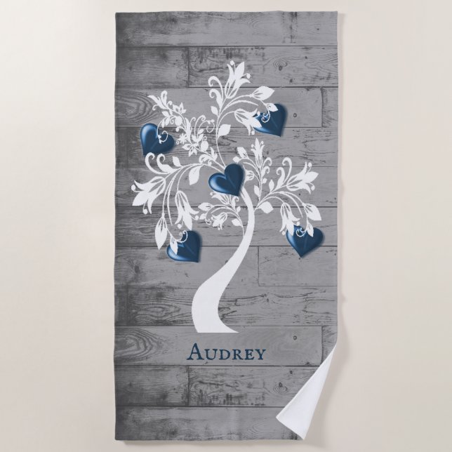 Toalla de playa personalizada Blue Tree of Hearts (Anverso)