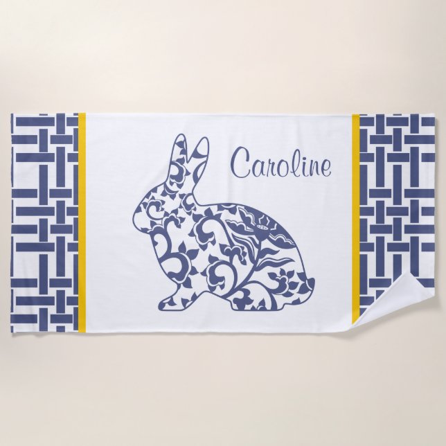 Toalla de playa personalizada Chinoiserie Bunny Ra (Anverso)