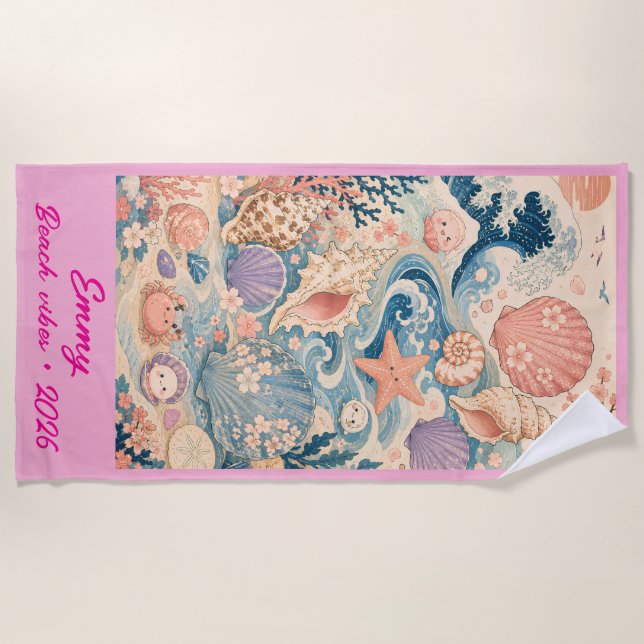 Toalla de playa personalizada con conchas de la co (Anverso)