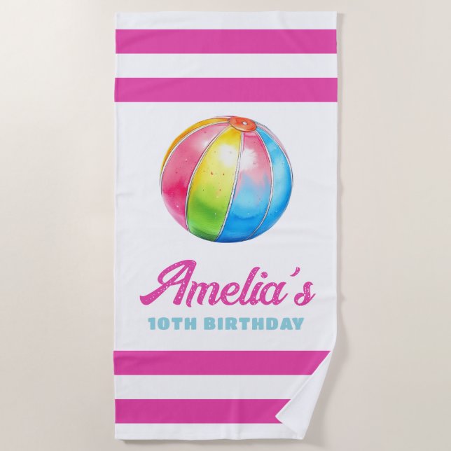 Toalla de playa personalizada con raya rosa y bola (Anverso)