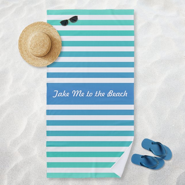 Toalla de playa personalizada con rayas azules tur (Turquoise Blue White Striped Personalized Beach Towel)