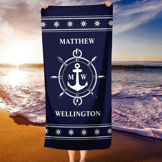 Toalla de playa personalizada de anécdotas náutica (Monogram Nautical Anchor Personalized Beach Towel)