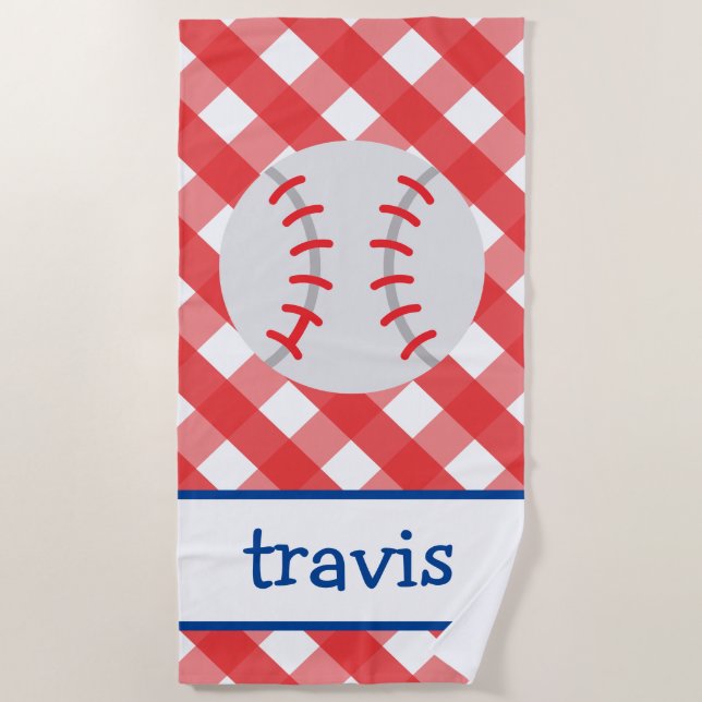 Toalla de playa personalizada de Gingham Baseball (Anverso)