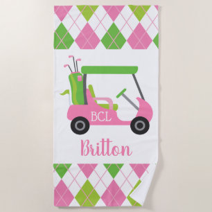 Toalla de playa personalizada de golf rosa y verde