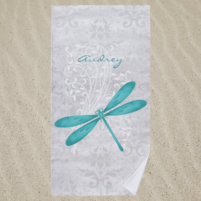 Toalla de playa personalizada de la mosca de dragó (Teal Dragonfly Personalized Beach Towel)