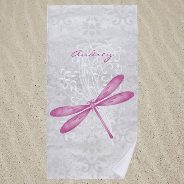 Toalla de playa personalizada de la mosca Dragónic (Magenta Dragonfly Personalized Beach Towel)