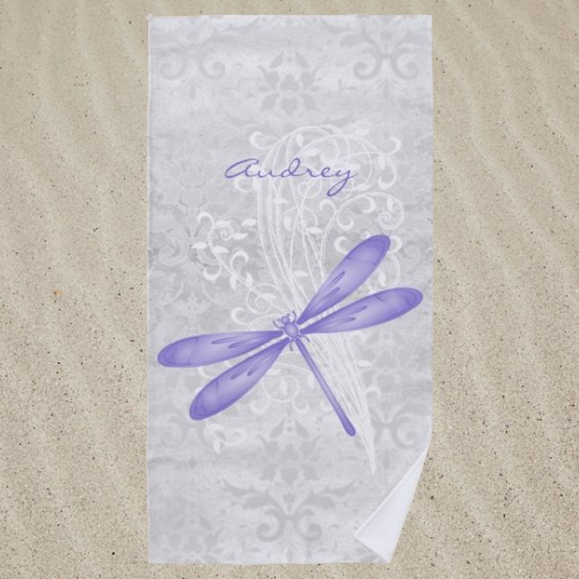 Toalla de playa personalizada de la mosca negra (Purple Dragonfly Personalized Beach Towel)
