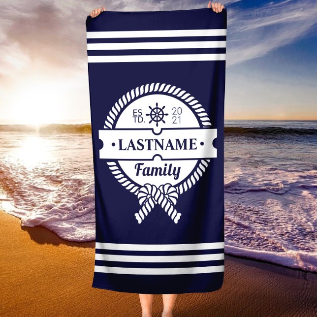 Toalla de playa personalizada de pista náutica de  (Chic Navy Nautical Rope Personalized Beach Towel)