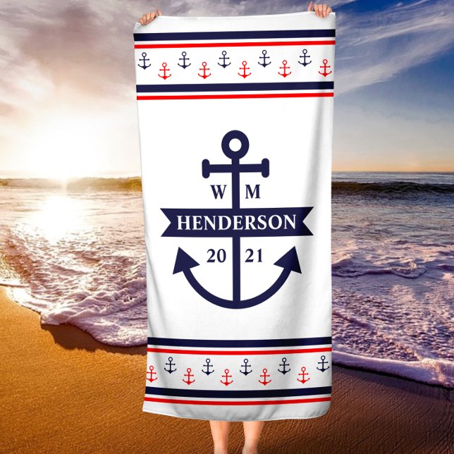 Toalla de playa personalizada para anillos de mono (Personalized Monogram Anchor Beach Towel)