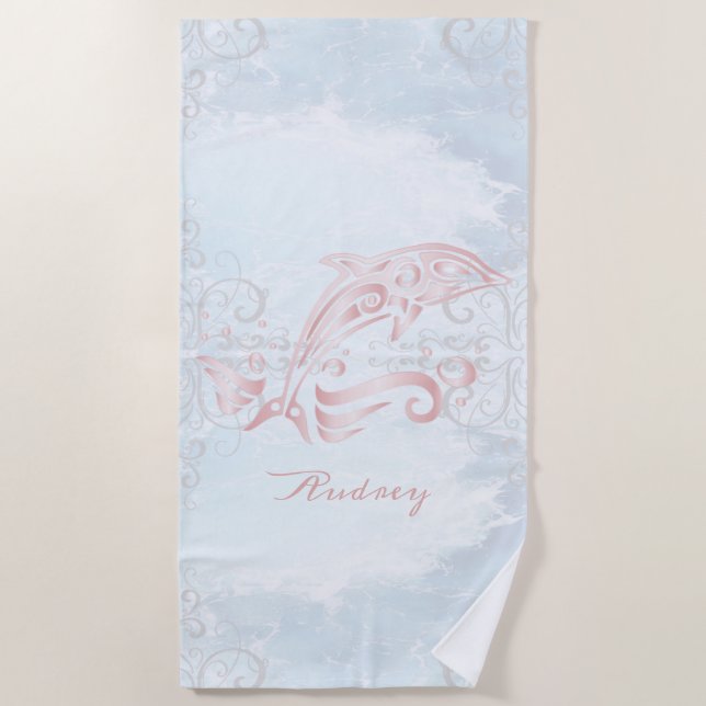 Toalla de playa personalizada para delfines rosas (Anverso)