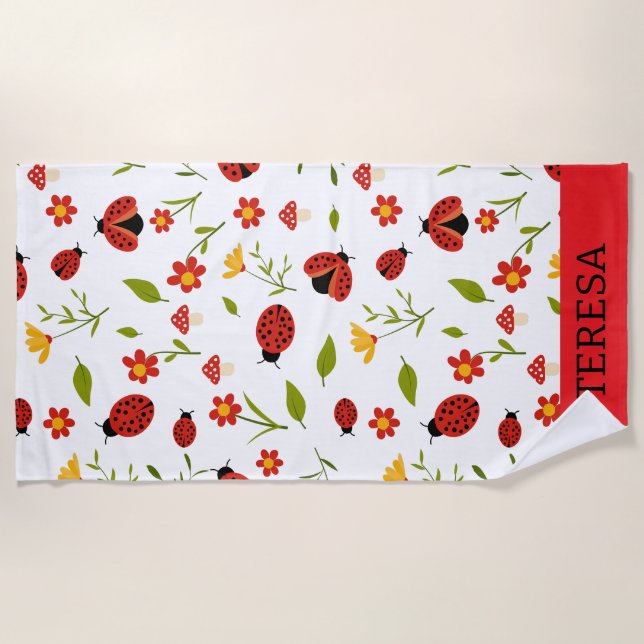 Toalla de playa personalizada Red Daisy Ladybug Fl (Anverso)