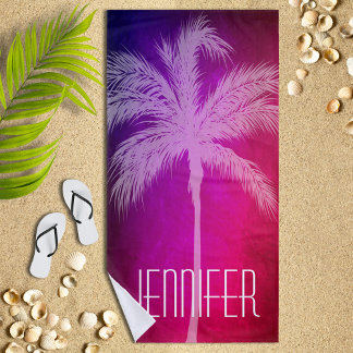 Toalla de playa personalizada rosa/morada de palma