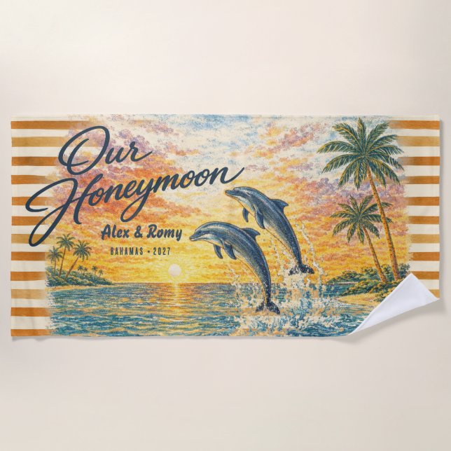 Toalla de playa personalizada vintage de delfines  (Anverso)