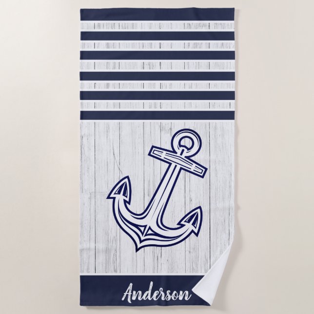 Toalla De Playa Personalizado Anchor Nautical Bathroom Ocean Naval (Anverso)