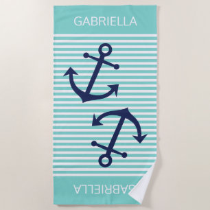 Toalla De Playa Personalizado Aqua Turquoise White Preppy Strikes
