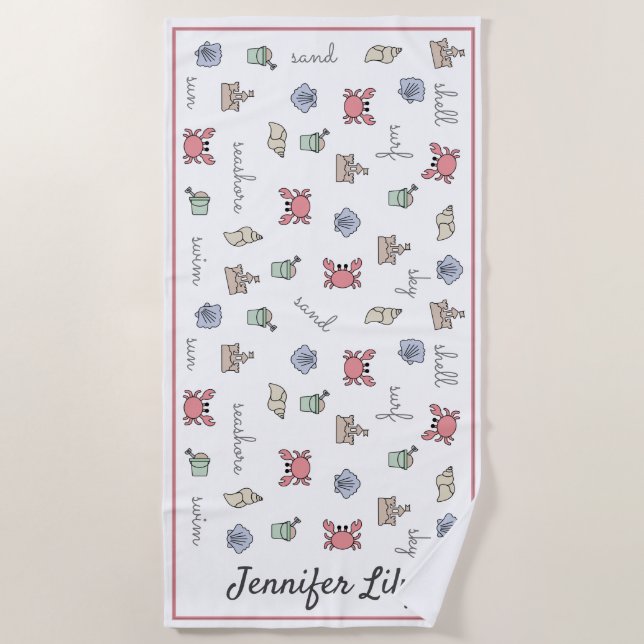 Toalla De Playa Personalizado Beach Sandcastle Crab Shell Pail Kid (Anverso)