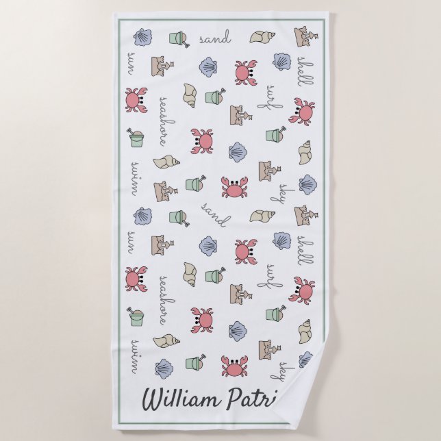 Toalla De Playa Personalizado Beach Sandcastle Crab Shell Pail Kid (Anverso)