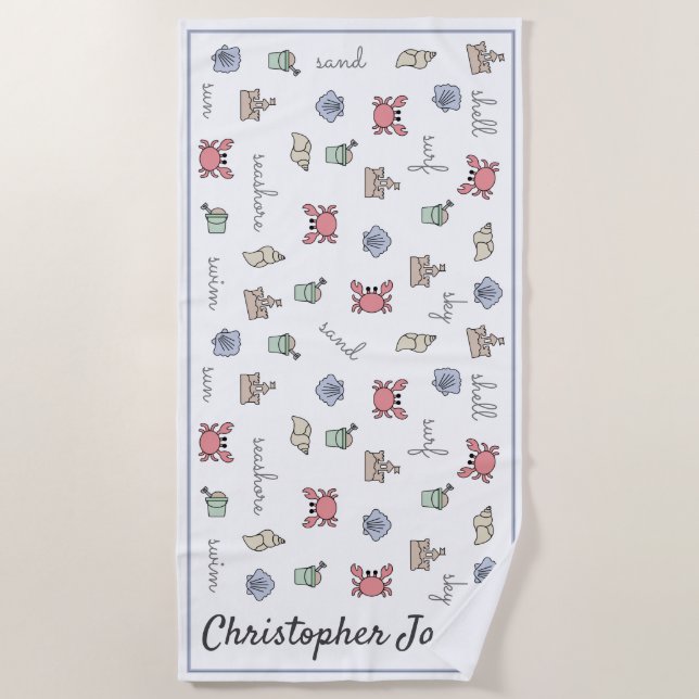 Toalla De Playa Personalizado Beach Sandcastle Crab Shell Pail Kid (Anverso)