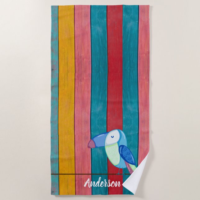 Toalla De Playa Personalizado Colorful Toucan Beach Rustic Wood (Anverso)