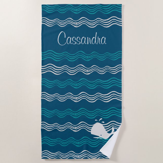 Toalla De Playa Personalizado costero Océano ballena Azul y olas (Anverso)