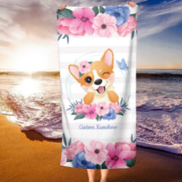 Toalla De Playa Personalizado Cute Corgi Dog Flower Wreath Blue Bu