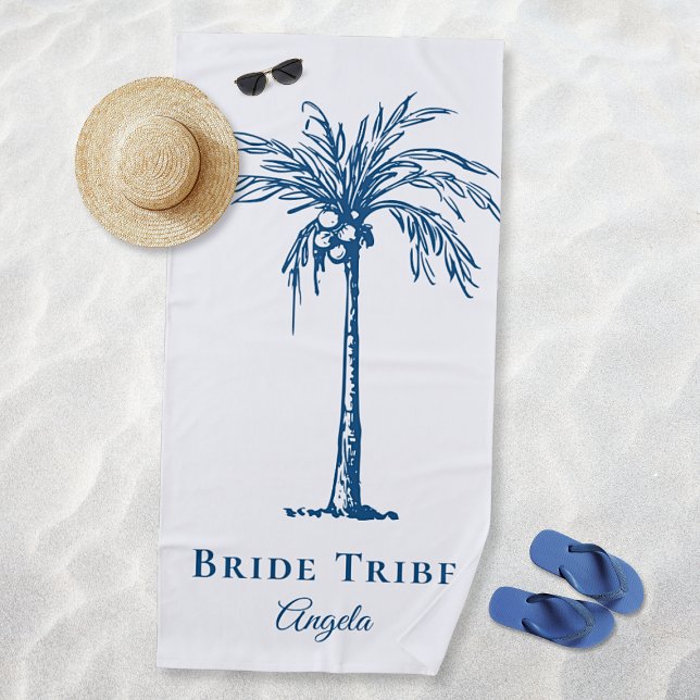 Toalla De Playa Personalizado de árbol de palmas tropicales azul d (Bride Tribe Blue Tropical Palm Tree Custom Beach Towel)