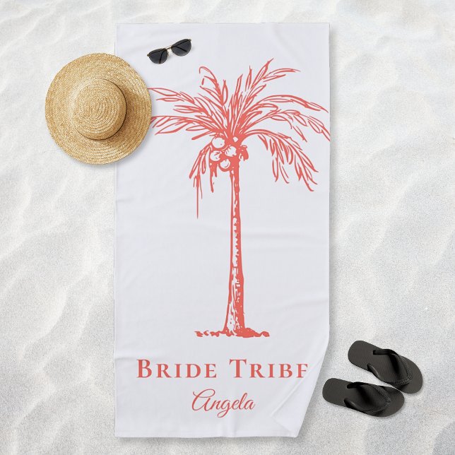 Toalla De Playa Personalizado de árbol de palmas tropicales de la  (Bride Tribe Coral Tropical Palm Tree Custom Beach Towel)