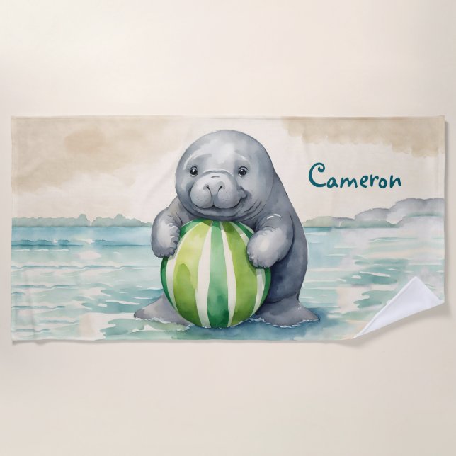 Toalla De Playa Personalizado de Cute Manatee (Anverso)
